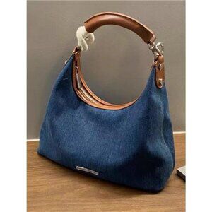 Denim Shoulder Bag with Leather‎ Handle